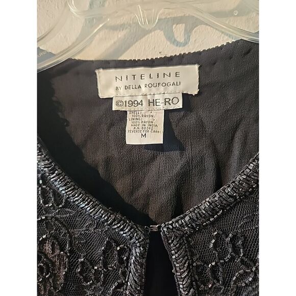 Vintage Niteline by Della Roufogali Rayon Jacket Black Beading Sequins Fringe M - Picture 3 of 7